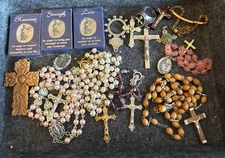 Religious Lot Christian Items Rosaries Medals Crosses Ring Sz 8.5 Catholic