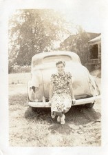 Beautiful Woman Floral Dress Sitting On Old Classic Car Auto Photo Snapshot Vtg