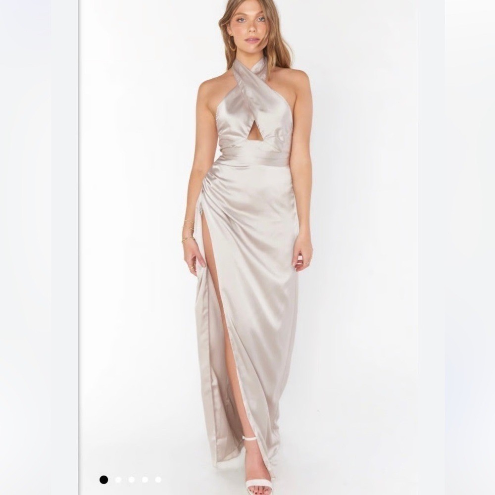 Show Me Your Mumu Adele Champagne Satin Halter Maxi Dress L Open Back  Elegant