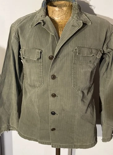 Vintage 1940s Military HBT Jacket Shirt WWII Herringbone Twill Size 36R Grunge