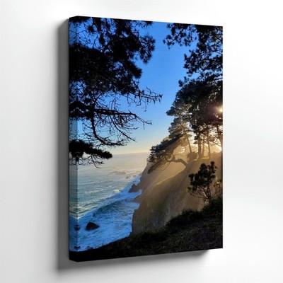 Wall Art Coastal Cliff Ocean View Sun Rays Through Pine Trees Landscape Print