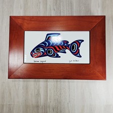 Vintage Native Art Joe Wilson Signed Salmon Legend Ceramic Tile Inlay Wood Box