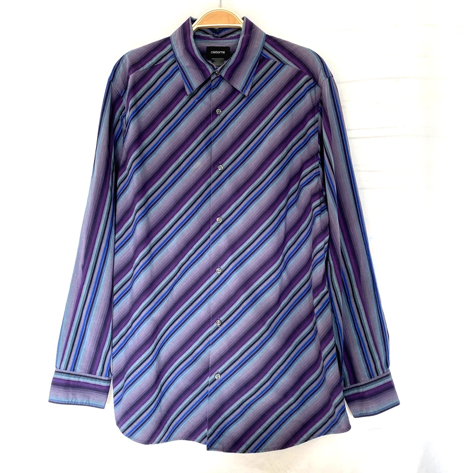 Camisa de Vestir Vintage Años 90 Y2K Claiborne Diagonal Rayas Hombres Talla L Ombre Púrpura Foto 2 de 4