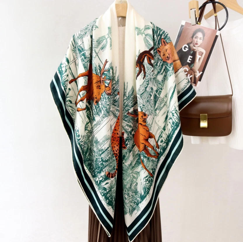 70% Cachemira 30% Seda Bufanda Animal Encaje Estampado Chal Envoltura Doble Cara 135X135cm Foto 4 de 4