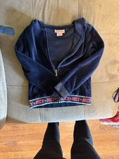 Juicy Couture Navy Velour Hoodie Small Pink Logo Glitter Hem