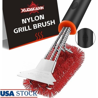 BBQ Grill Brush W/ Nylon Bristles Stainless Steel Scraper Fast Cleaning Tool New