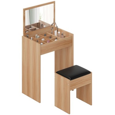 HOMCOM Schminktisch Set gepolsterter Hocker Klappspiegel Spanplatte - Holzmaserung