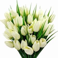 Artificial Tulips Fake Flowers Outdoor UV Resistant 4 Bundles 40 Heads Silk T...