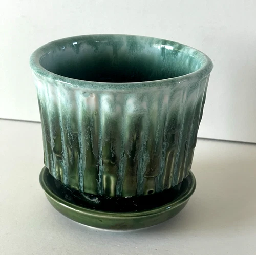 Vintage McCoy 0372 Bamboo Planter Flower Pot Green Drip Bamboo & Saucer MCM