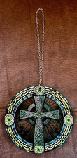 Irish Stained Glass Celtic Cross w/ Shamrocks - 6in Hanging Acrylic Suncatcher