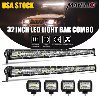 2x 32Inch LED Light Bar Spot Flood Combo + 4x 4'' Pods Offroad For Jeep Truck 30''