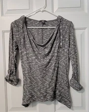 Alo Yoga Cowl Neck Hooded Drawstring Button Knit Top Heathered Gray Size Small