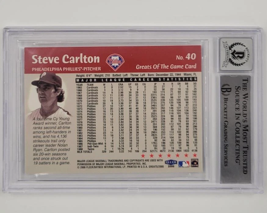 Steve Carlton signed 2000 Fleer Greats of the Game #40 card Phillies BAS 10 auto - Image 2 of 2
