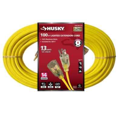 Husky 100 Ft. 14/3 Medium Duty Indoor/Outdoor Extension Cord with Lighted End