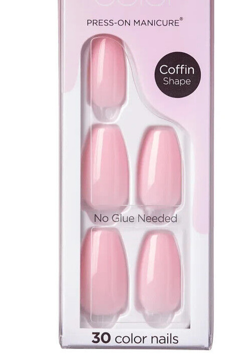 KISS IMPRESS COLOR PRESS-ON NAILS ONESTEP GEL MANICURE MEDIUM COFFIN PINK DREAM