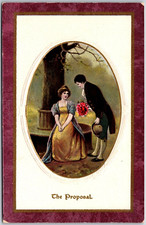 Lovers Man & Woman Long Dress Flowers The Proposal Courting Romance, Postcard
