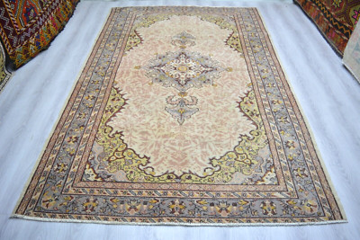 Pink Antique Medallion Handmade Rug, 5.9x8.8ft, Old pink Turkish Oriental Rug,