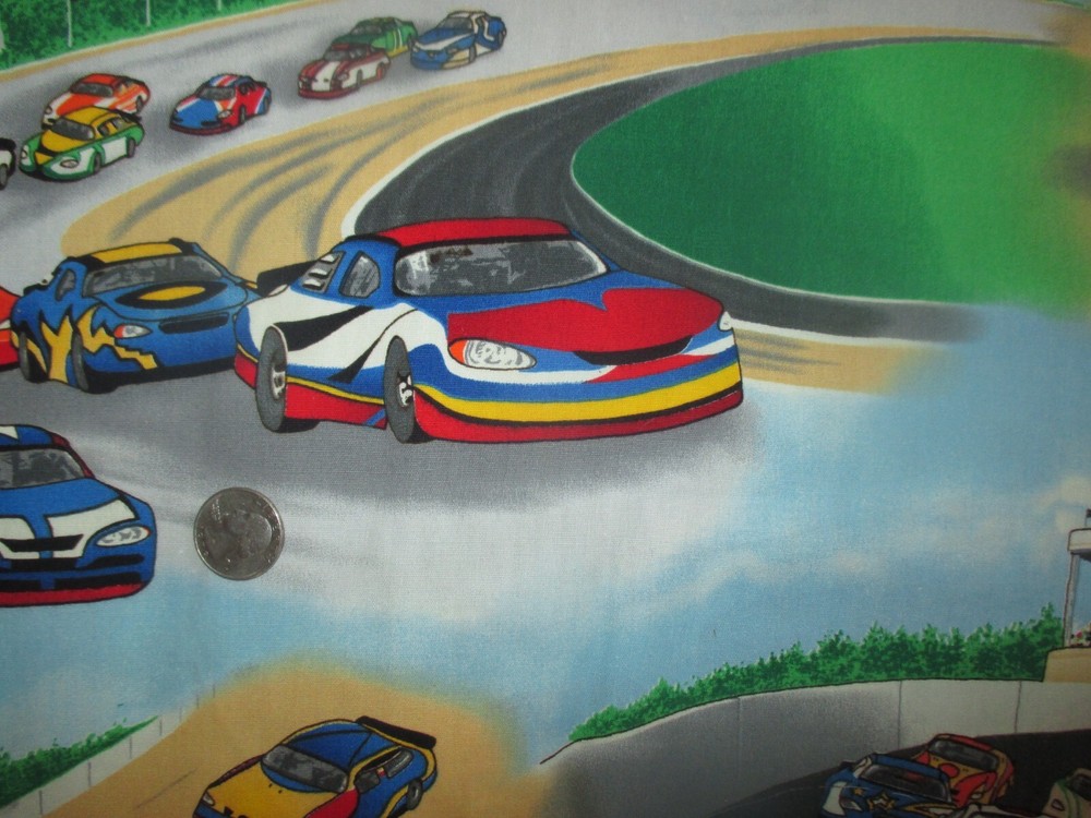 RACE DAY Vintage COLOR CARS GOING AROUND TRACK 2000's COTTON Fabric - over 4 yd