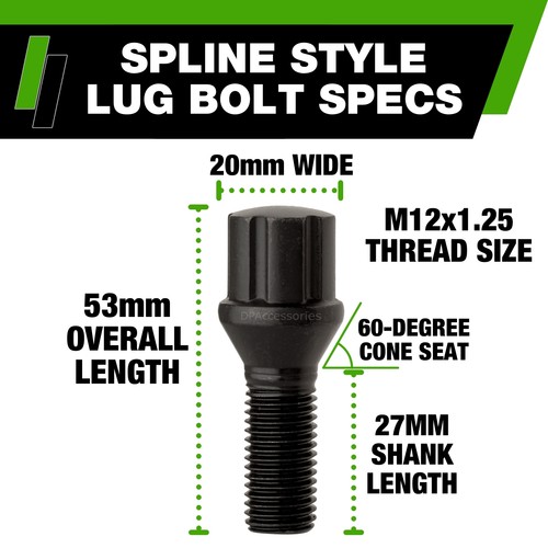 Black M12x1.25 Lug Bolts | Aftermarket Wheels | Spline | 27mm | Set of 20 - Picture 3 of 7
