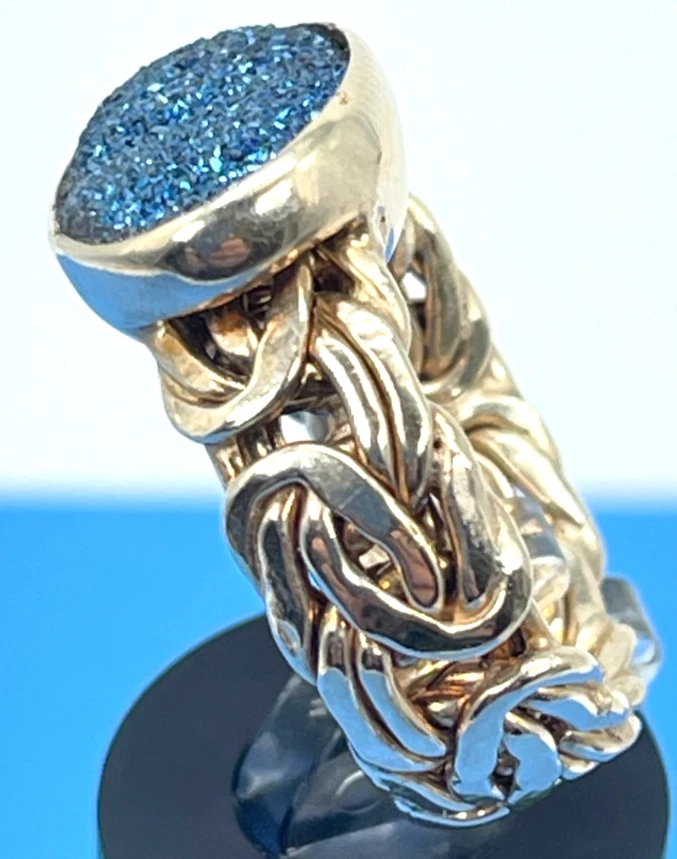 Anel vintage folheado a ouro com mais de 925 largura banda bizantina com azul escuro druso tamanho 6 - Imagem 3 de 4