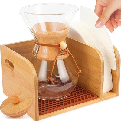 Bamboo Caddy with Lid & Heatproof Trivets Mat for Chemex Coffeemakers - Designed