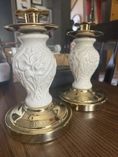 Porcelain and Brass Base Candle Holders Pair Floral Design by Jaru Set of 2