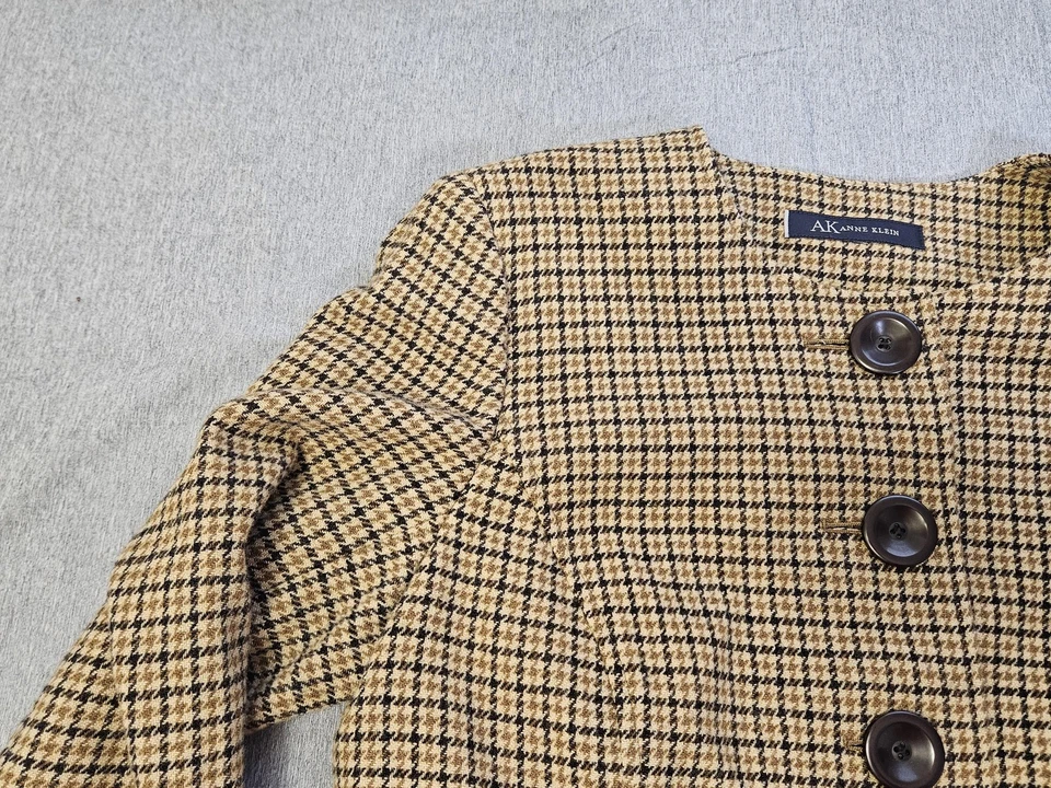 AK Anne Klein Jacket Womens Medium Brown Black Houndstooth Lambswool Collarless - Image 3 of 4