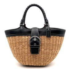 Borsa COACH in paglia nera con cestino in pelle intrecciata fodera firmata Gi...