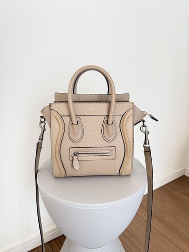 CELINE Drummed Calfskin Nano Luggage Bag Beige Top Handle Crossbody Elegant