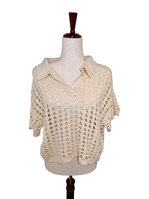 BCX Cream Crochet Open Knit Collared Sweater Top Boho Coastal Medium