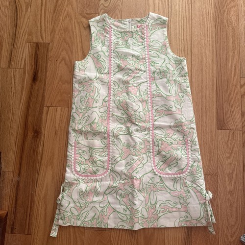 Vintage Lilly Pulitzer Pink Green White Frogs Girls Lined Shift Dress Size 12