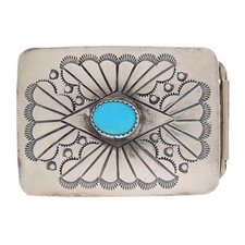Vintage Navajo Sterling Silver Turquoise Geometric Belt Buckle Signed 1" 925