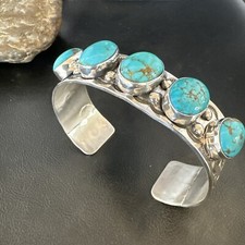 XL Blue Kingman Turquoise 5 Stone Navajo Sterling Silver Cuff Bracelet 18021