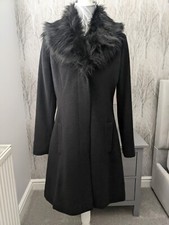 Ladies Grey Single Breasted Wool Mix Coat, Removable Faux Fur Collar. Size 10