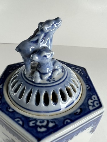Chinese Blue and White Porcelain Incense Burner Ashtray Ash Catcher Hexagon - Picture 5 of 12