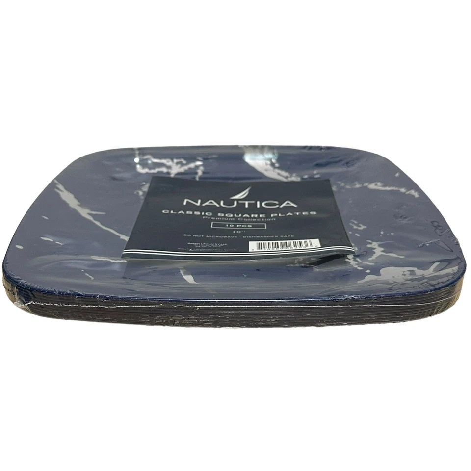NAUTICA Plastic Square Plates Navy Silver Marbled 10 In Dinnerware 10 Piece Set - Image 3 of 4