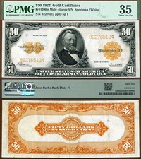 1922 $50 Gold Certificate FR-1200m Large S/N's PMG VF35 Census Shows Only 106