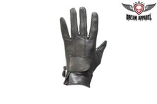 Black Full Finger Genuine Leather Perforated Motorcycle Biker Riding Gloves