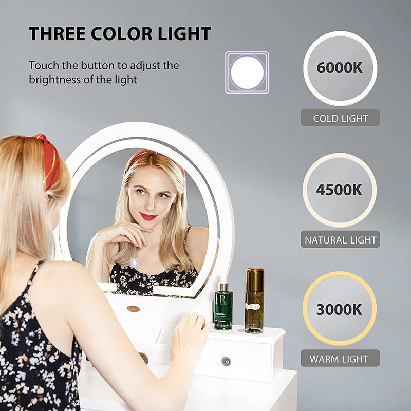 Vanity Table Set Makeup Dressing Table w/ 3-Color Lighted Mirror Cushioned Stool - Image 4 of 4