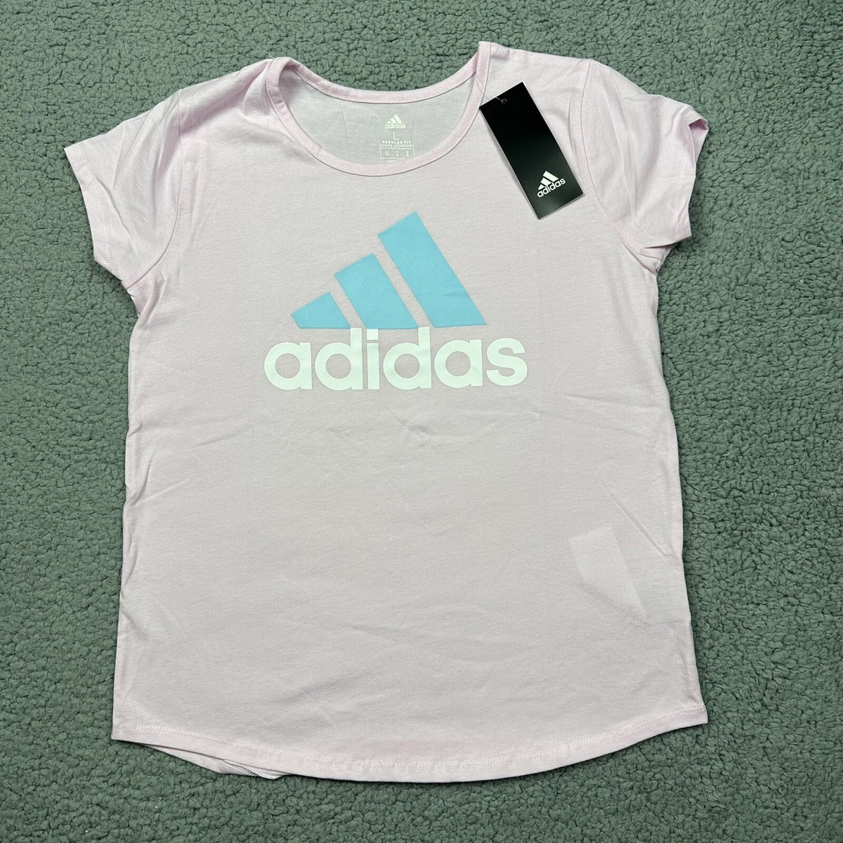 Adidas Shirt Girls Large 14 Pink Short Sleeve Logo Regular Fit
