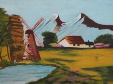 1949 Impressionist gouache painting windmill landscape signed