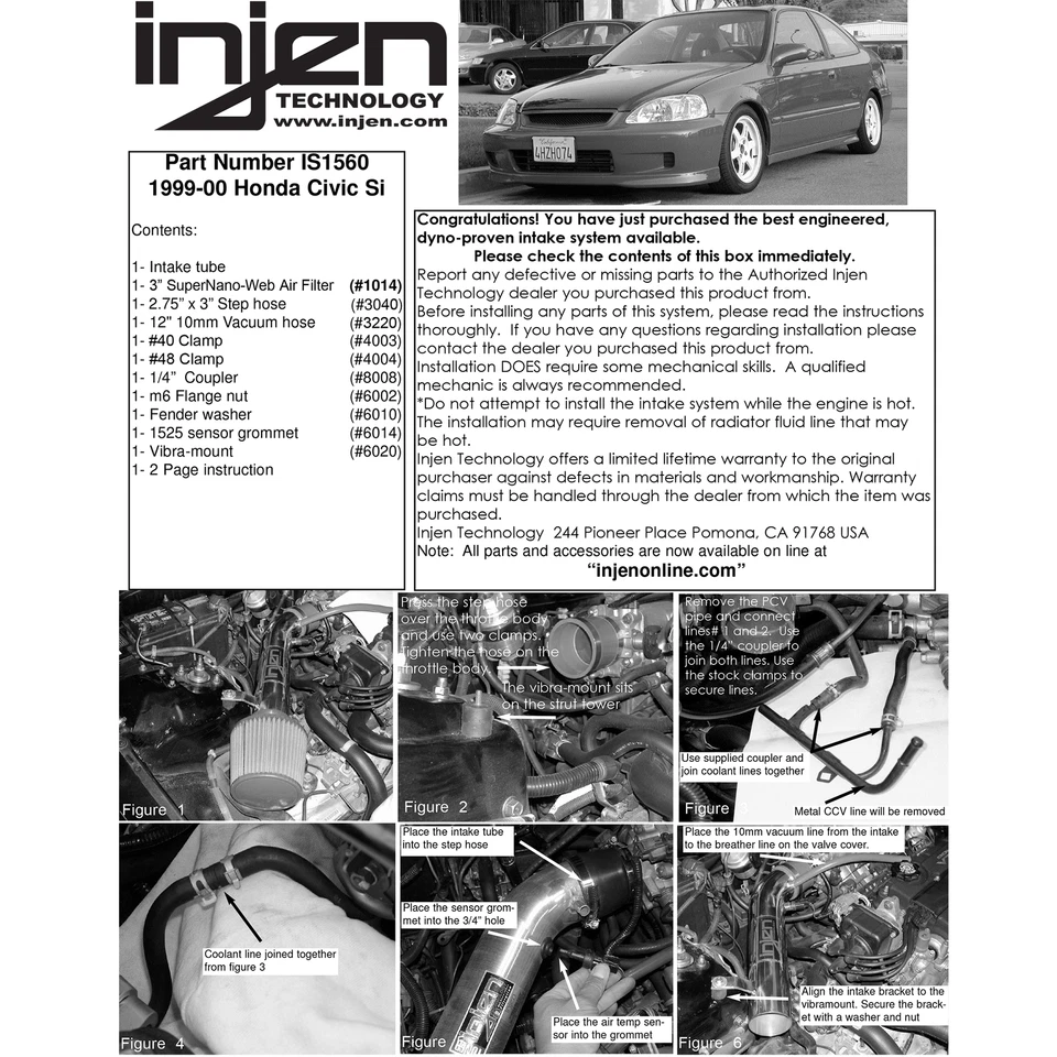 Entrada de aire frío de aluminio negro Injen IS1560BLK para Honda Civic Si 1999-2000 1,6 L Foto 4 de 4