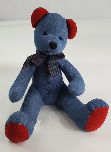 Pier 1 Imports Teddy Bear Blue Plush GINGHAM BOW CORDUROY EARS 16" One Denim - Picture 9 of 9
