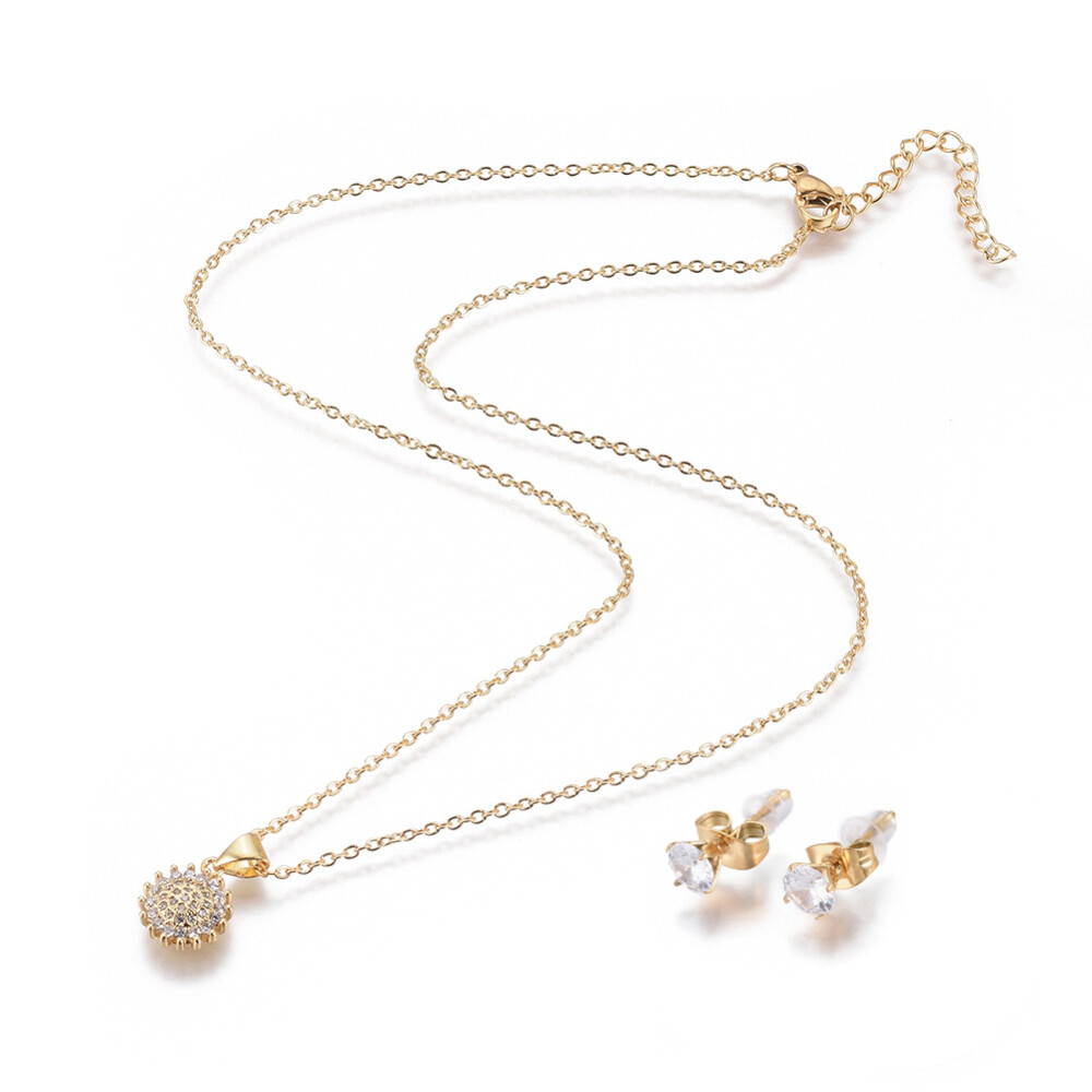 304 Stainless Steel Zirconia Flower Necklace and Stud Earrings Set in Gold 17.52 Inch