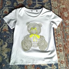 Teddy Bear Bling T-Shirt White Gold Rhinestone Crystals Stretchy SZ XS S M