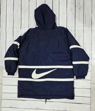 VTG Nike Puffer Jacket 90  s Blue Hooded Coat Big Logo Center Sz Womens 14/16 L