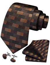 Fashion Brown Men Tie Set Plaid Necktie with Handkerchief and Cufflinks 0726-12