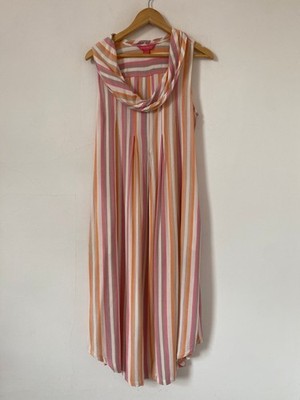 April Cornell Kleid klein Midi rosa gestreift Wasserfallausschnitt ärmellos orange Taschen