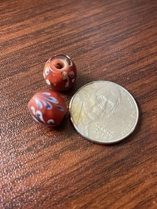 Antique Venetian Red Glass With Leaf Decoration Beads