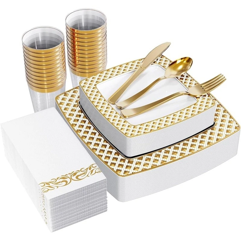 Gold Disposable Dinnerware Set Heavy Duty Plates Cups Forks Knives Napkins New - Image 2 of 4